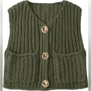 NWT UEU Chunky Vest Button Down Cardigan V Neck Crop Sweater, XL (12-14)